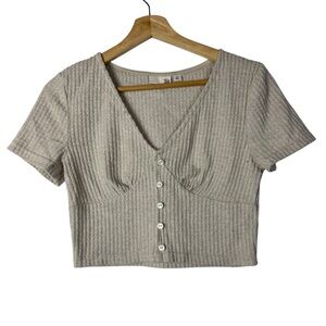 SO Beige Waffle Knit Button Front Crop Short Sleeve Top M